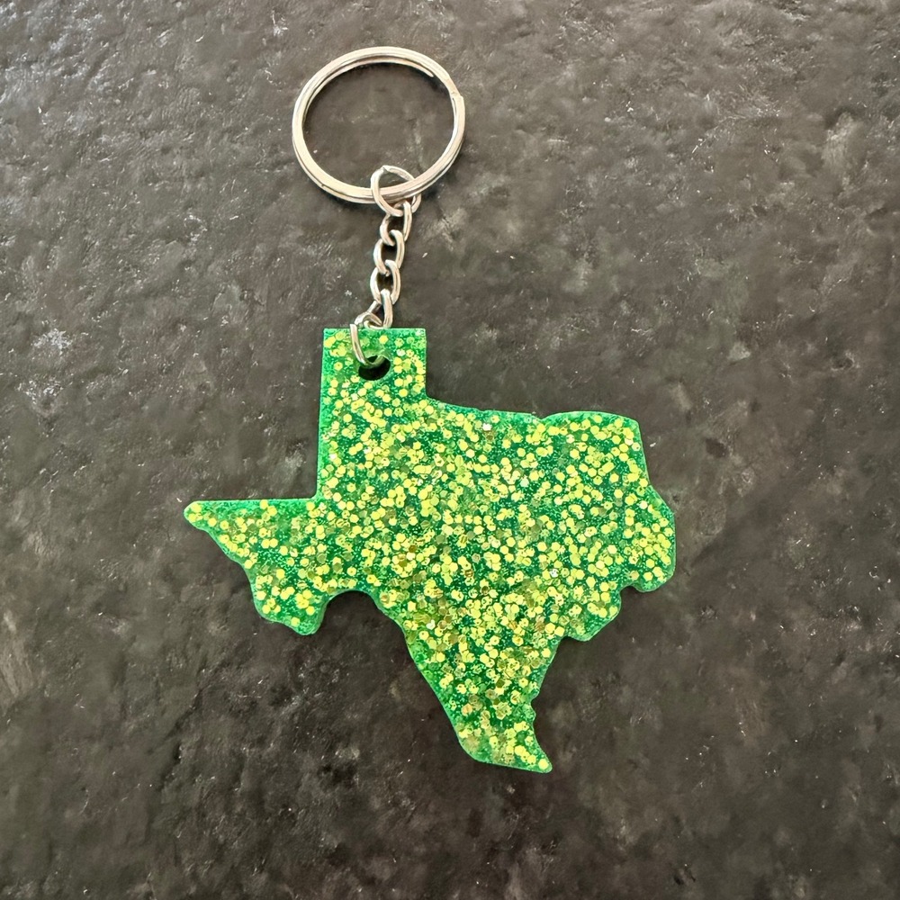 Texas State Shape Resin Keychain Green Gold Glitter Handmade Key Ring Accessory